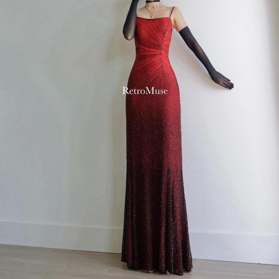 Y2K dark red ombré beaded prom dress formal dress homecoming dress 6(S)