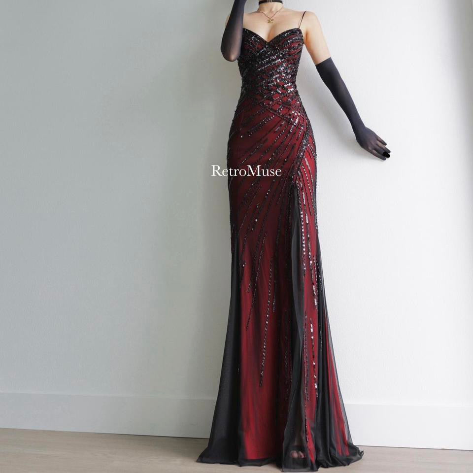 Y2K vintage red black sequined prom dress formal dress M-L