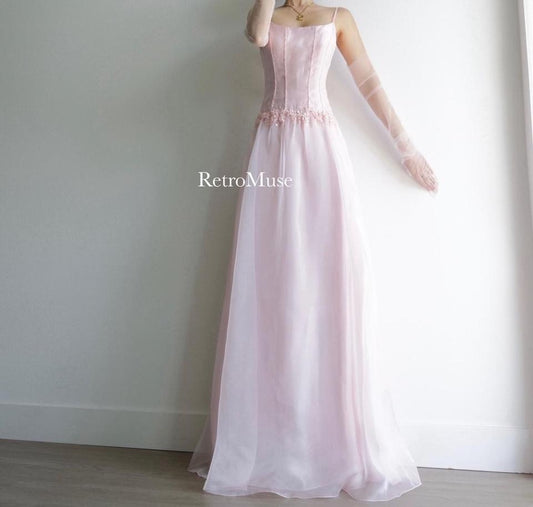 Y2K vintage dainty light pink corset beaded gown prom dress M-L