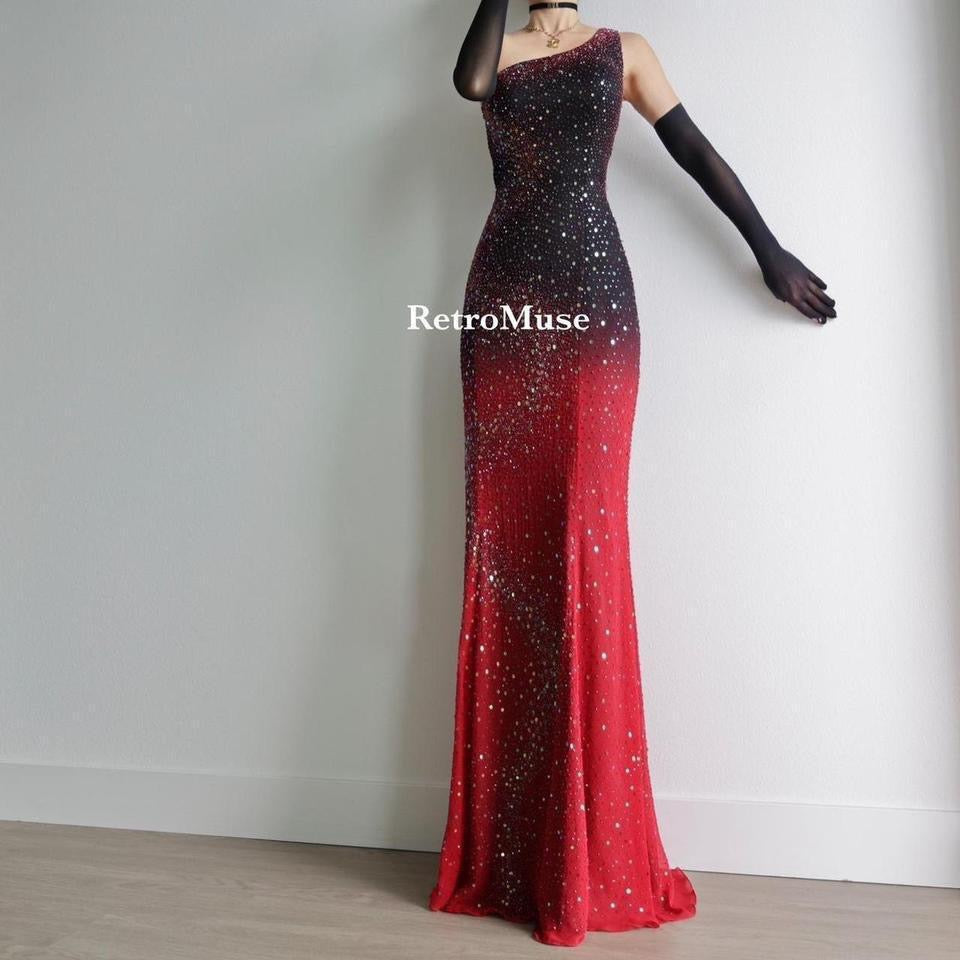 Y2K vintage one shoulder black red ombré beaded prom dress formal dress L