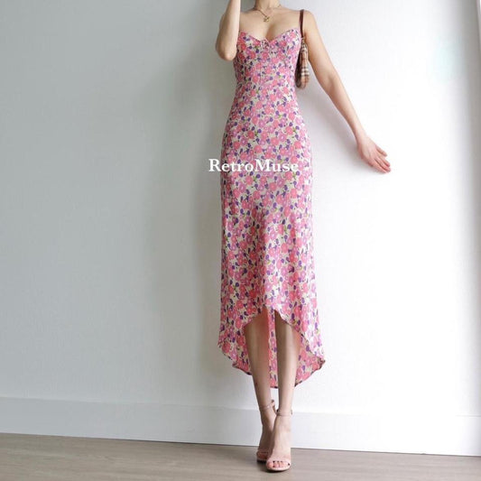 Y2K vintage Front tie baby pink floral slip summer dress M