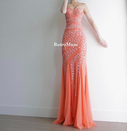 Y2K vintage orange beaded gown prom dress XXS-XS