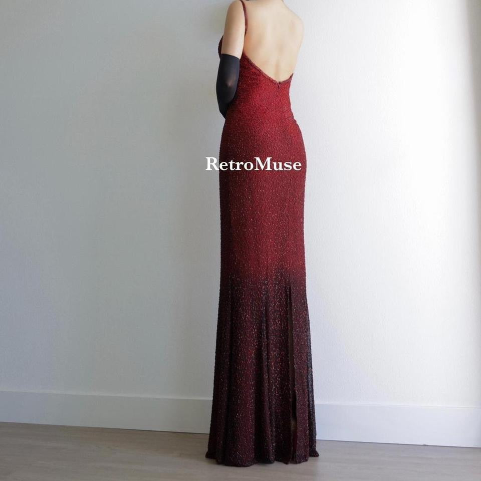 Y2K dark red ombre beaded gown prom dress burgundy dress S