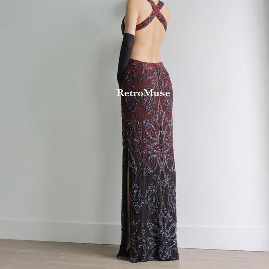 Y2K vintage burgundy ombre beaded prom dress formal dress M