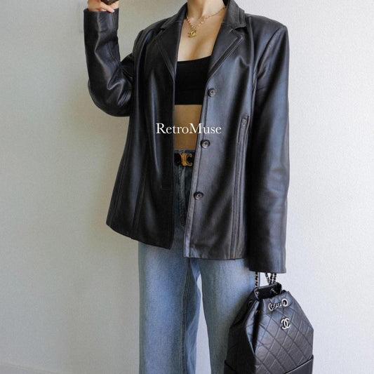 Y2K women black real leather jacket Leather blazer