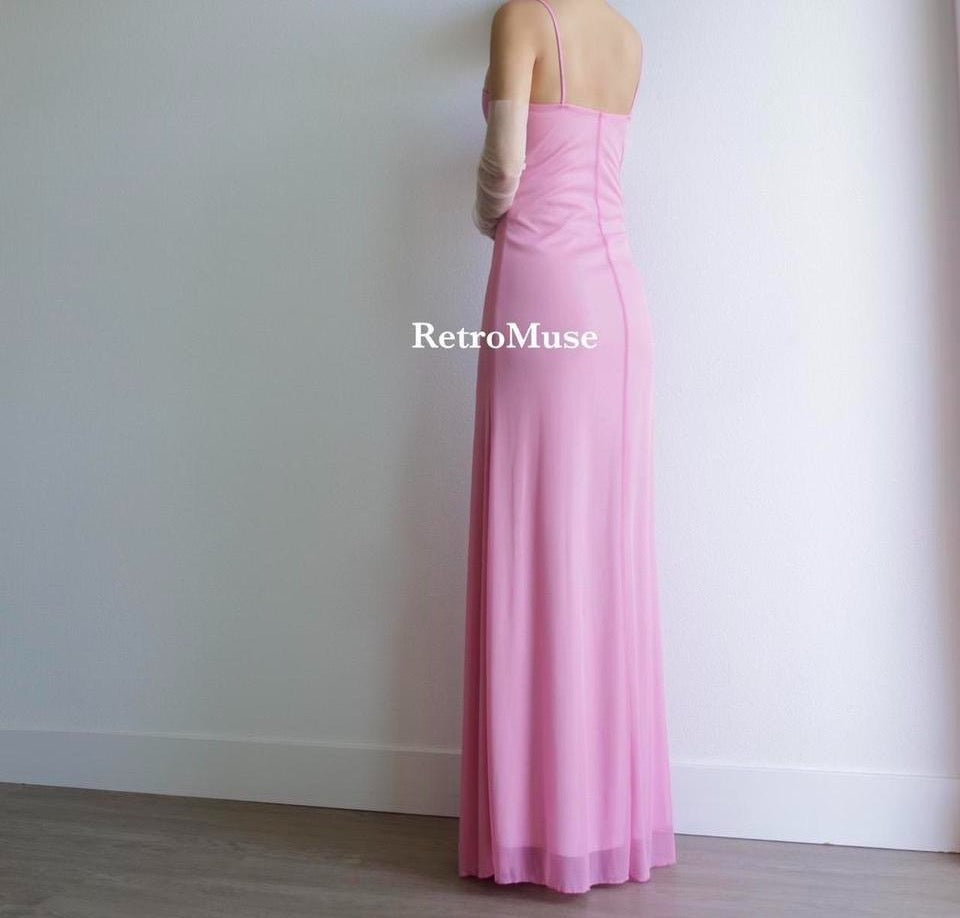 Y2K vintage bubble gum pink mesh gown prom dress L