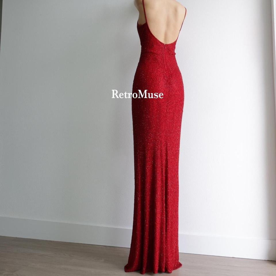 Y2K vintage see through waist deep red beaded gown prom dress M