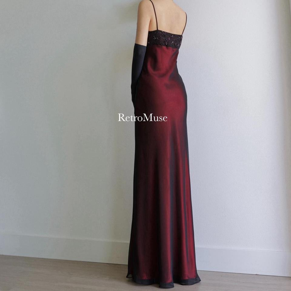 Y2K vintage dark red beaded prom dress formal dress 6(S).