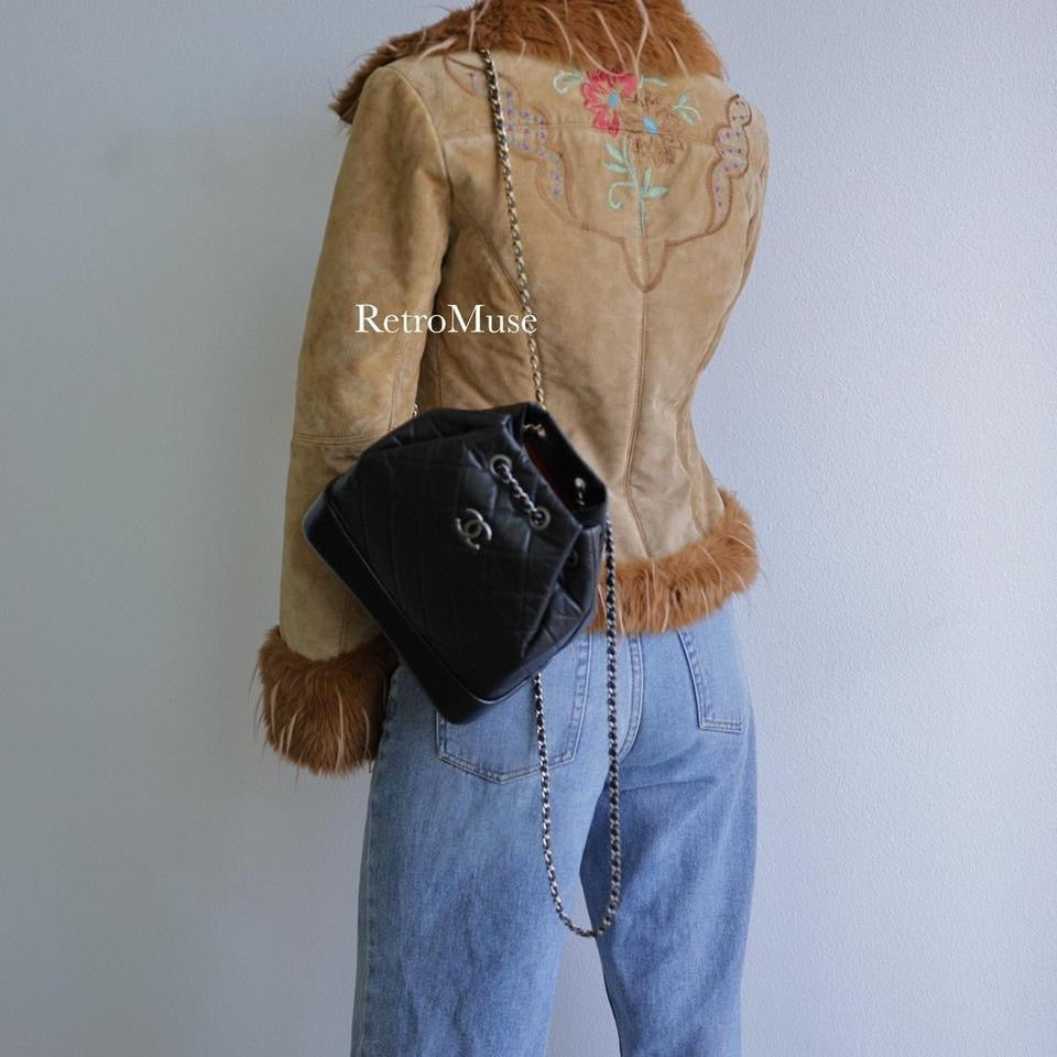 Y2K vintage women tan fur trim suede leather jacket embroidered jacket XXS-S