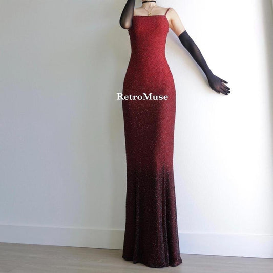 Y2K dark red ombre beaded gown prom dress burgundy dress S