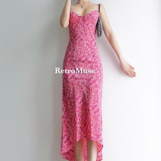 Y2K front tie dainty pink floral slip summer dress M