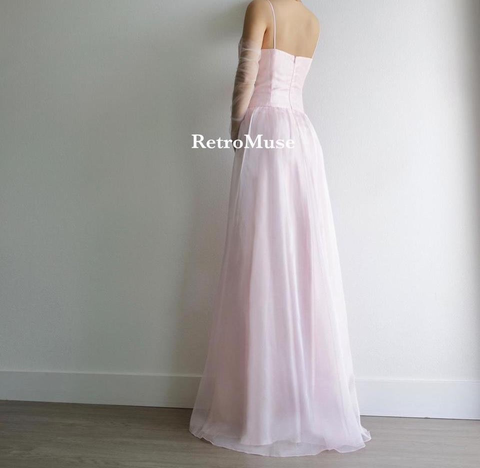 Y2K vintage dainty light pink corset beaded gown prom dress M-L