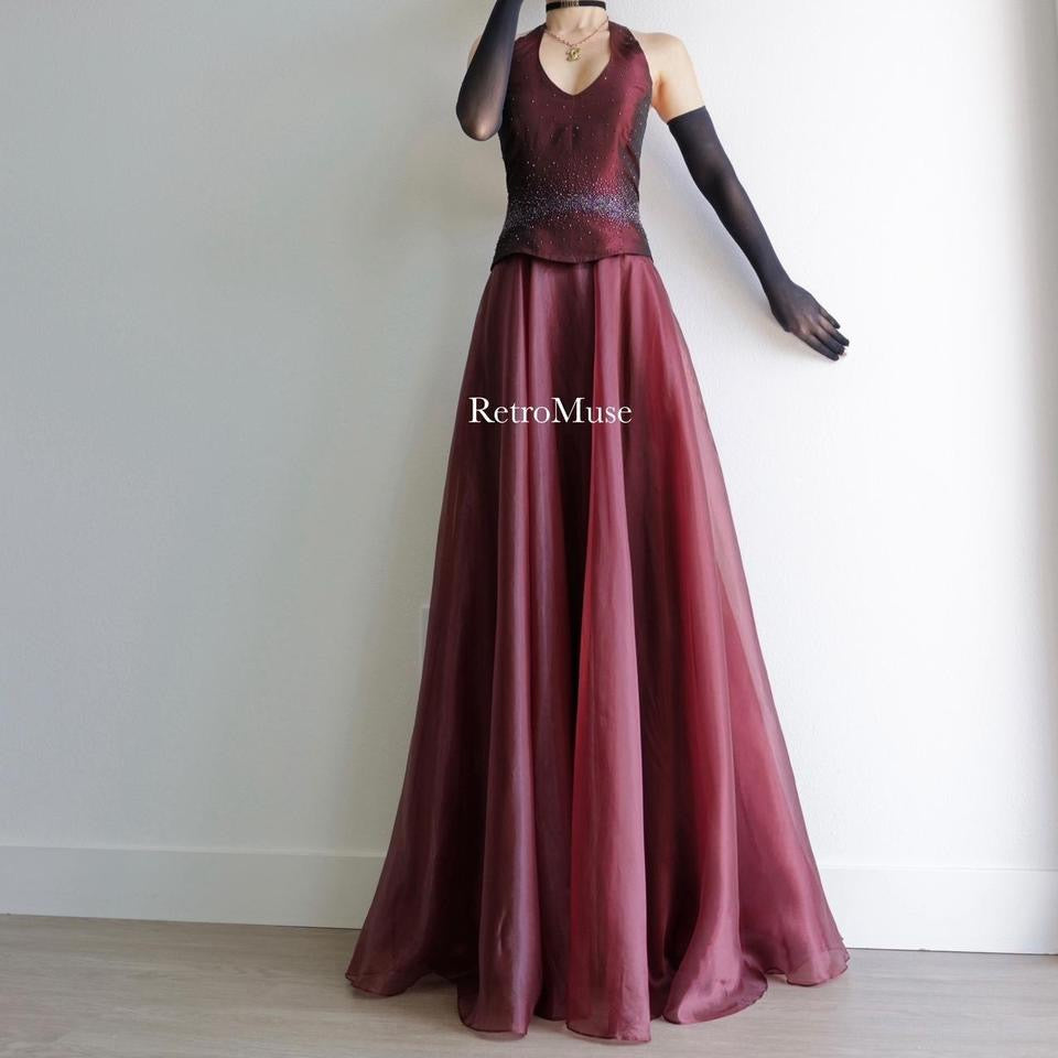 Y2K vintage burgundy beaded prom dress formal dress S-M