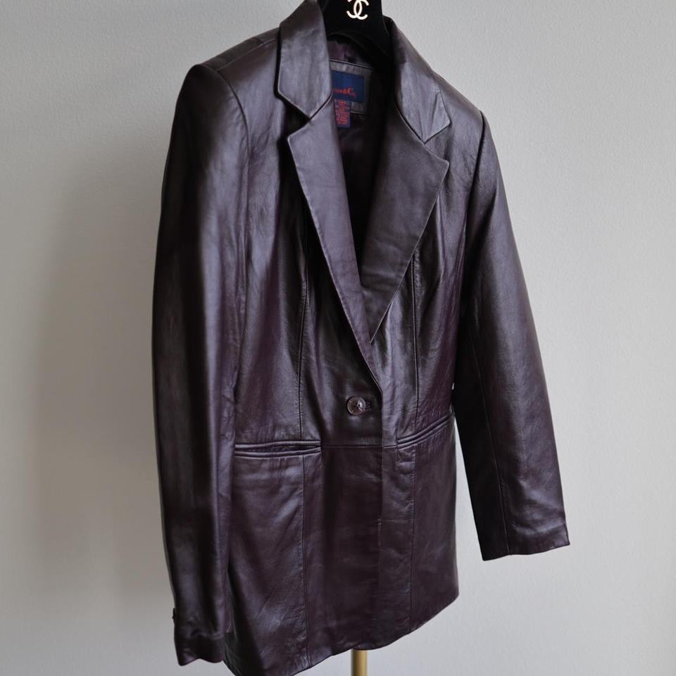 Y2K vintage women dark plum real leather jacket Leather blazer XS-S