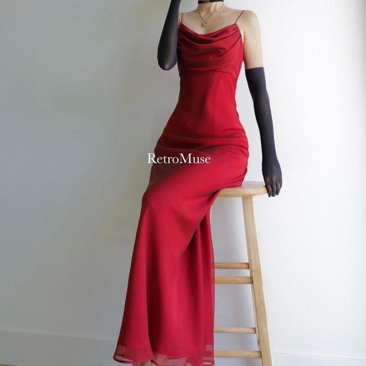 Y2K vintage dark red prom dress formal dress PS