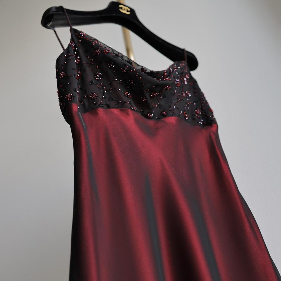 Y2K vintage dark red beaded prom dress formal dress 6(S).