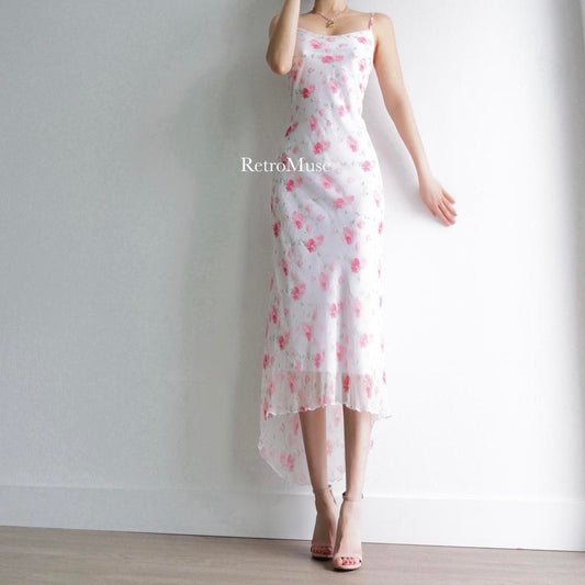 Y2K vintage white rose floral dress summer dress (M-L)